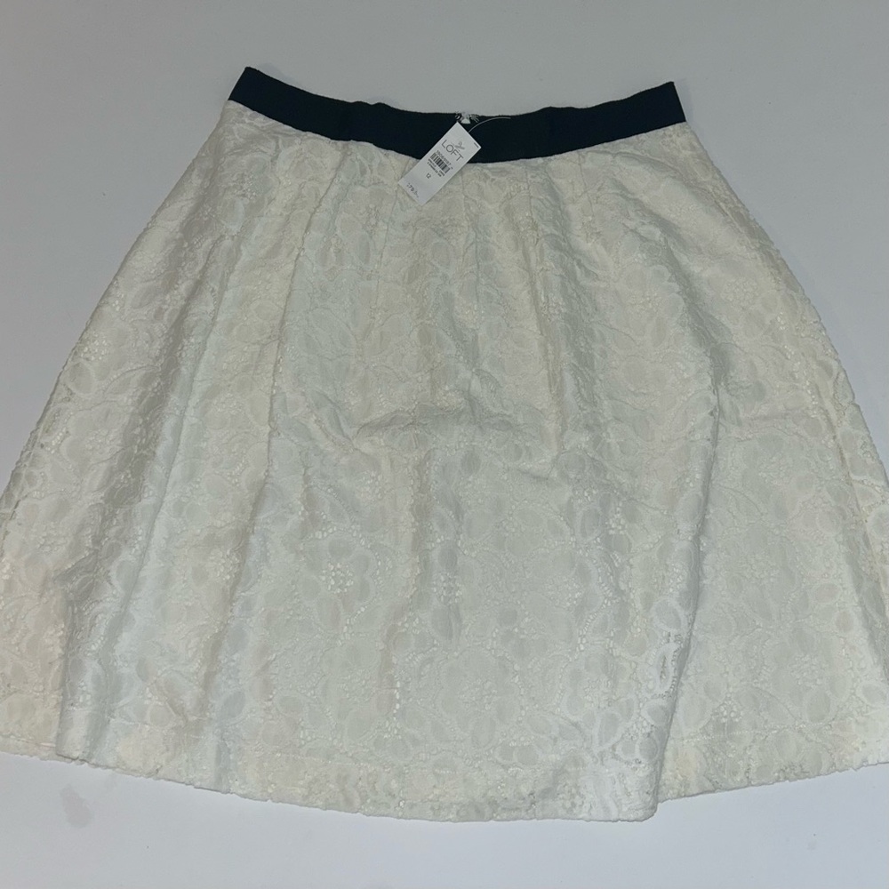 NWT LOFT womens Pleated Lace Lined Full Skirt Antique White black waist size 12